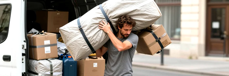 Coût réel d'un déménagement en solo avec camion Homme qui charge seul un camion de location entouré de sangles et couvertures au sol