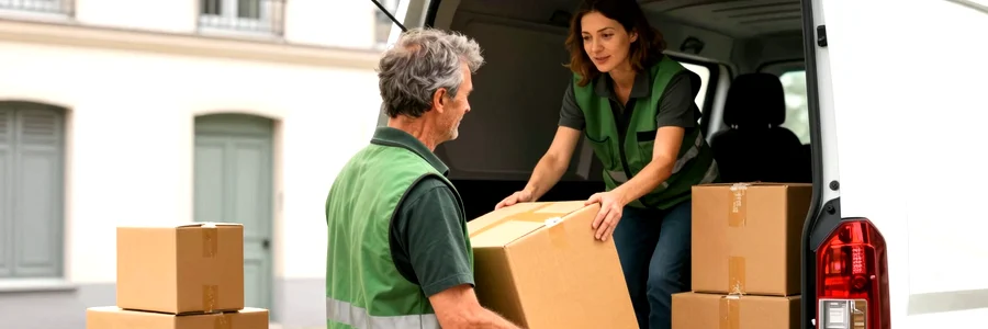 Désencombrer avant le déménagement pour réduire Déménageur chargeant un carton, cliente indiquant une pile réduite d'affaires triées