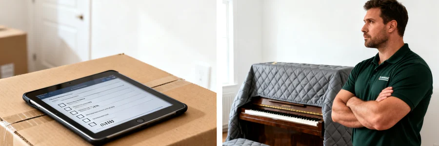 Estimation en ligne vs objets hors-norme Tablette avec formulaire de devis et déménageur face à un piano emballé