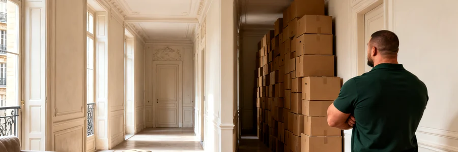 Cartons de déménagement : le volume qui surprend Déménageur pro évaluant une pile de cartons jusqu'au plafond dans un couloir parisien