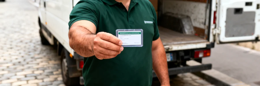 Vérifier la licence d'un déménageur professionnel Déménageur professionnel présentant sa licence officielle devant son camion blanc