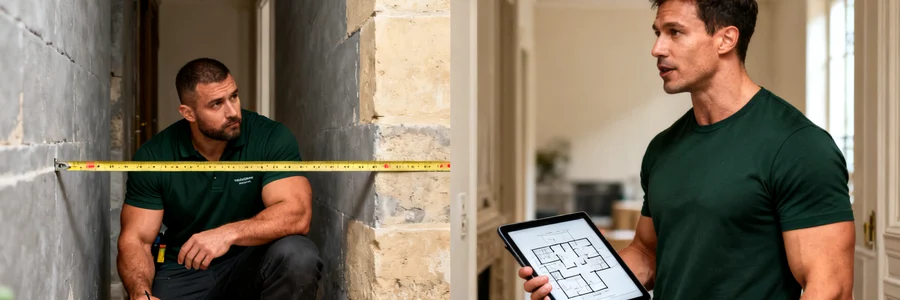 Visite technique gratuite avant de choisir un Déménageur mesurant un couloir étroit lors d'une visite technique gratuite à domicile