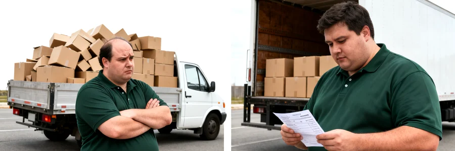 Choisir le bon volume de camion pour déménager Déménageur comparant petit et grand camion blanc selon le volume de mobilier