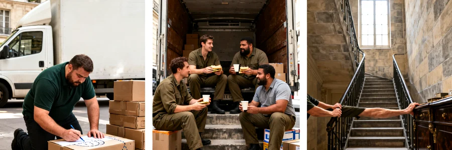 Combien de personnes pour déménager soi-même Équipe de quatre déménageurs en pause repas devant camion blanc, France