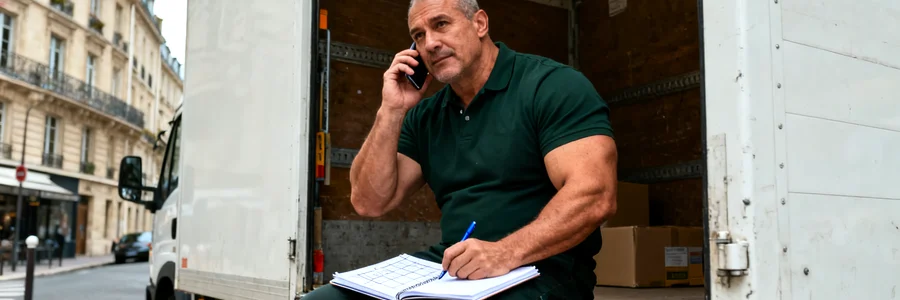 Contacter un déménageur express disponible Déménageur disponible au téléphone, carnet de planning ouvert, camion blanc