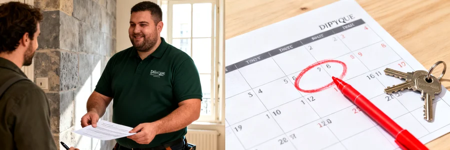 Signer son devis de déménagement rapidement Déménageur remet un devis signé, calendrier avec date cerclée et clés