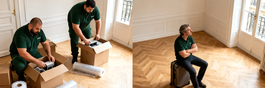 Pack express : les pros s'occupent de tout Déménageurs emballant un appartement pendant que le client attend sereinement