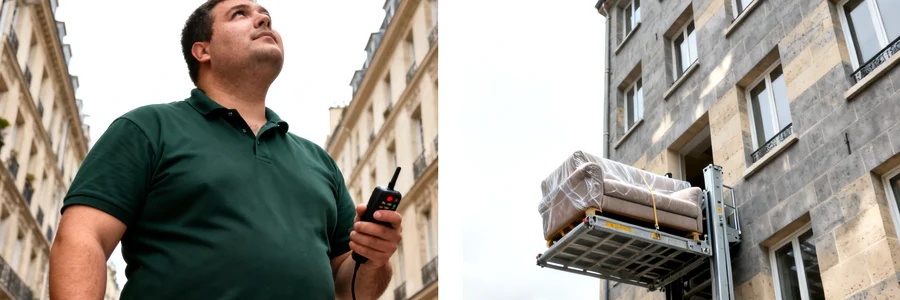 Monte-meubles pour déménager à Paris en hauteur Monte-meubles en action façade haussmannienne, déménageur parisien télécommande