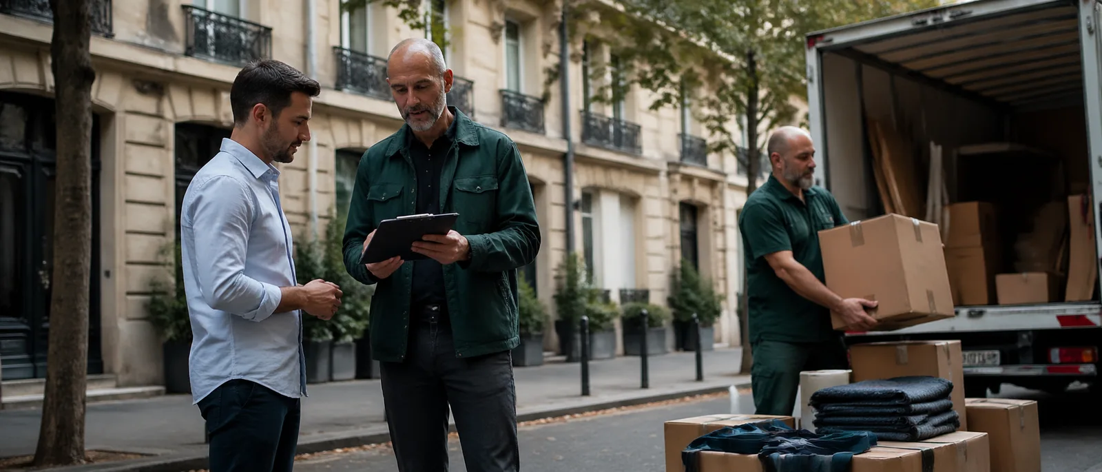 Déménageur professionnel présentant un document d'assurance à un client devant un camion