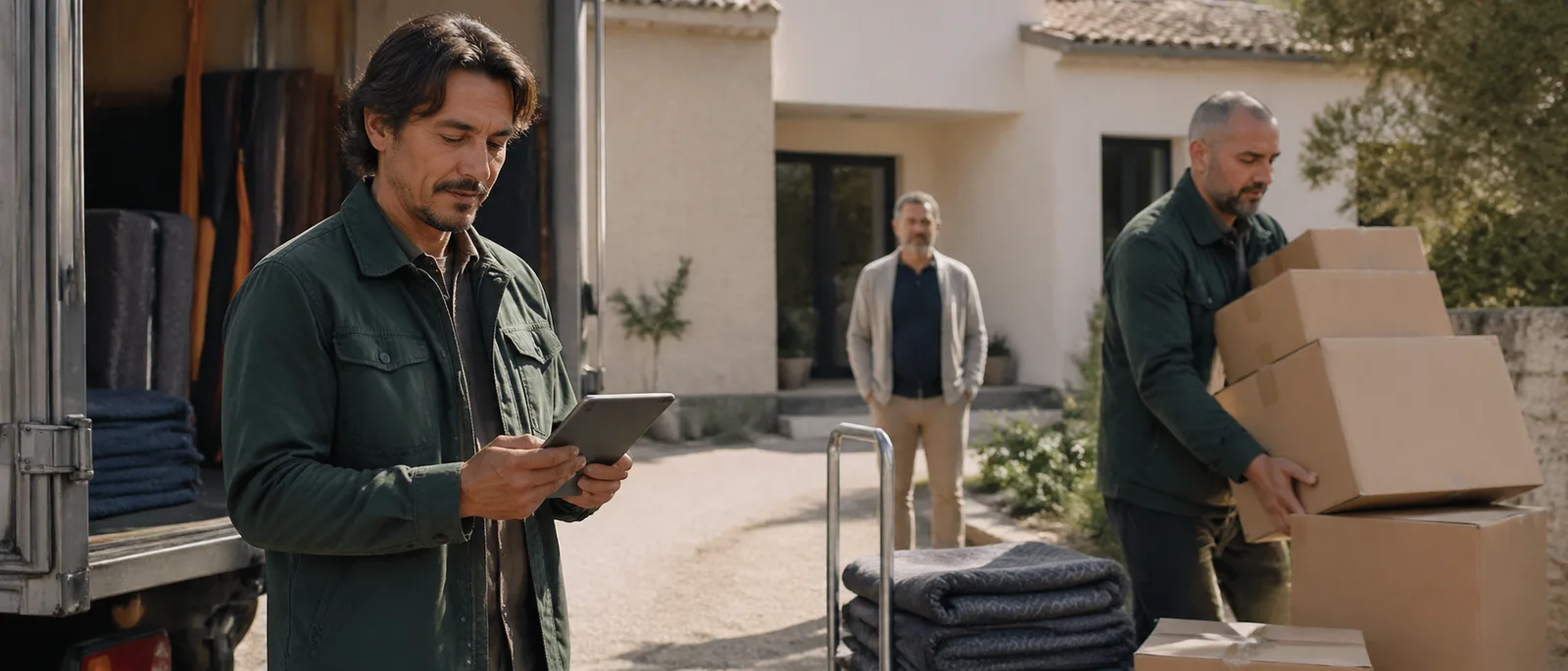 Déménageurs professionnels établissant un budget avec tablette numérique près de leur camion