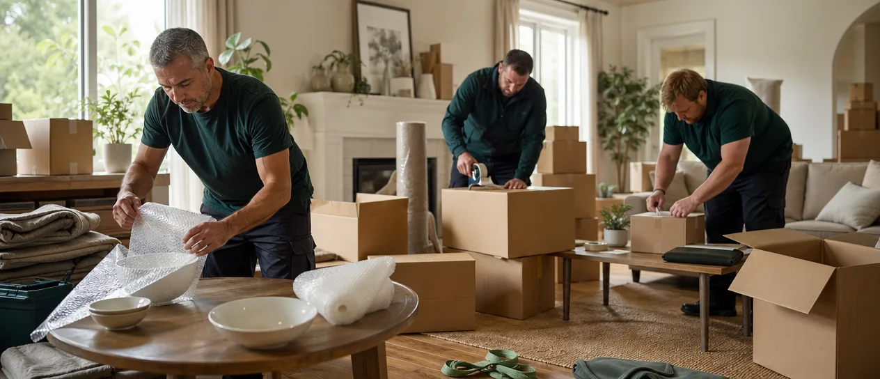 Déménageurs professionnels préparant l'emballage de cartons avec papier bulle et matériel de protection.