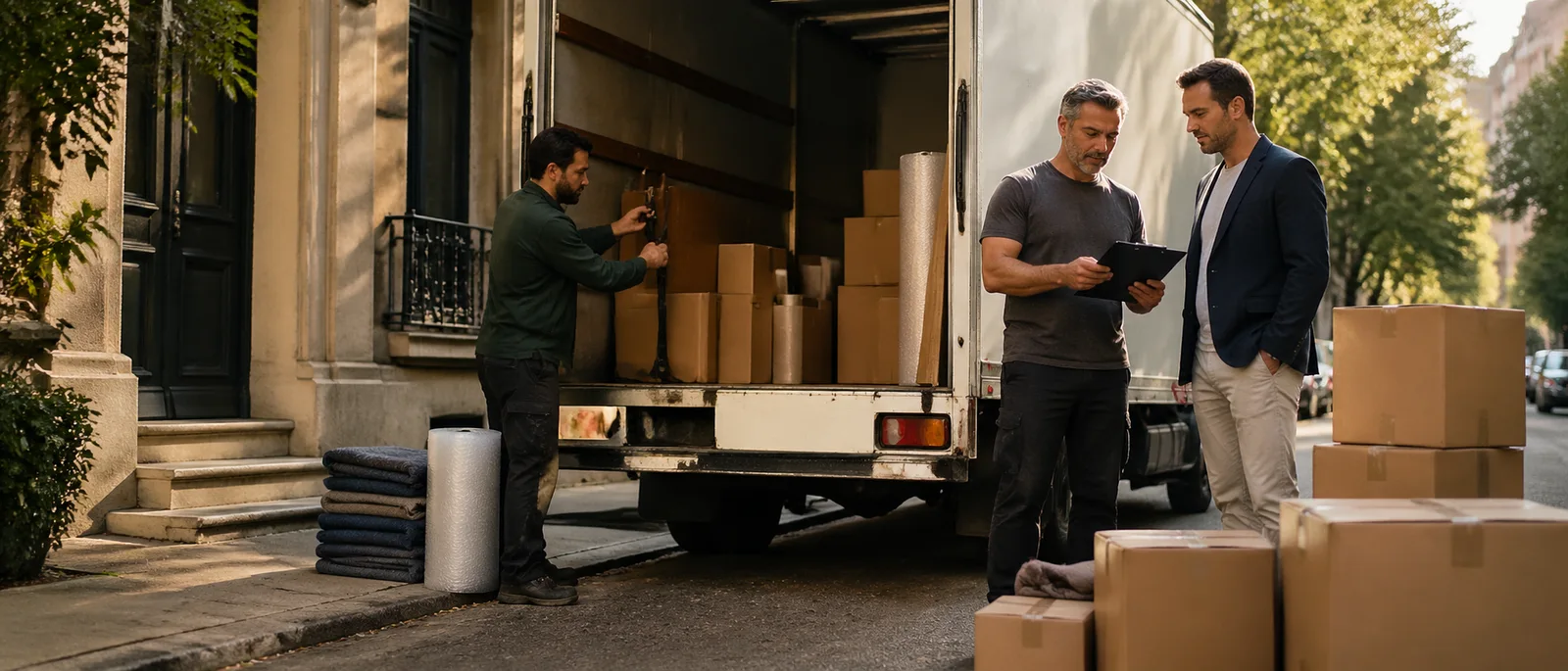 Déménageurs professionnels préparant un camion de location avec client consultant les documents de.