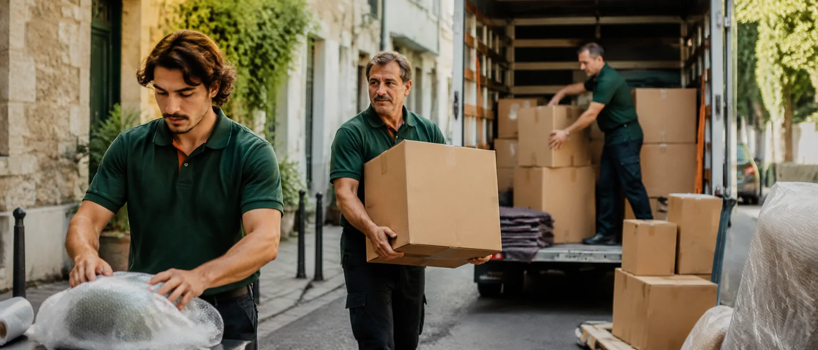 Trois déménageurs professionnels appliquent différentes techniques pratiques : emballage soigneux.